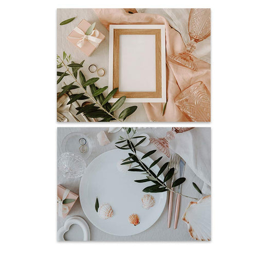 SAVIAURA 1 Sheet 2 in 1 Photography Backdrop 3D Flat Lay Tabletop Double-Sided 22x16 Photo Background PVC Wrinkle-Free for Small Products Food, Cosmetics Shoot (#15-Photo Frame & Plate with Shells)