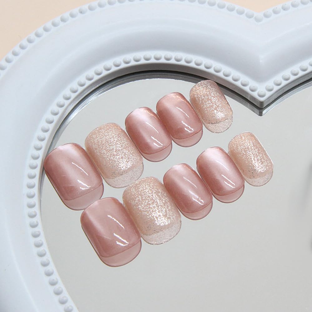 S.A.V.I 24 Pcs Nude Cat's Eye Glossy & Glitter Press On Nails | Short Square Fake Nails with Glue & Adhesive Tabs | Reusable Natural Nail Tips for Women & Girls | DIY Manicure Kit at Home