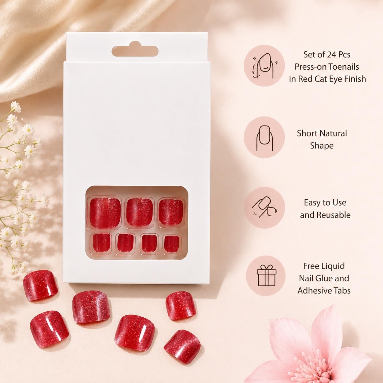 S.A.V.I Press on Toenails 24 Pcs Red Cat Eye Short Square Shape