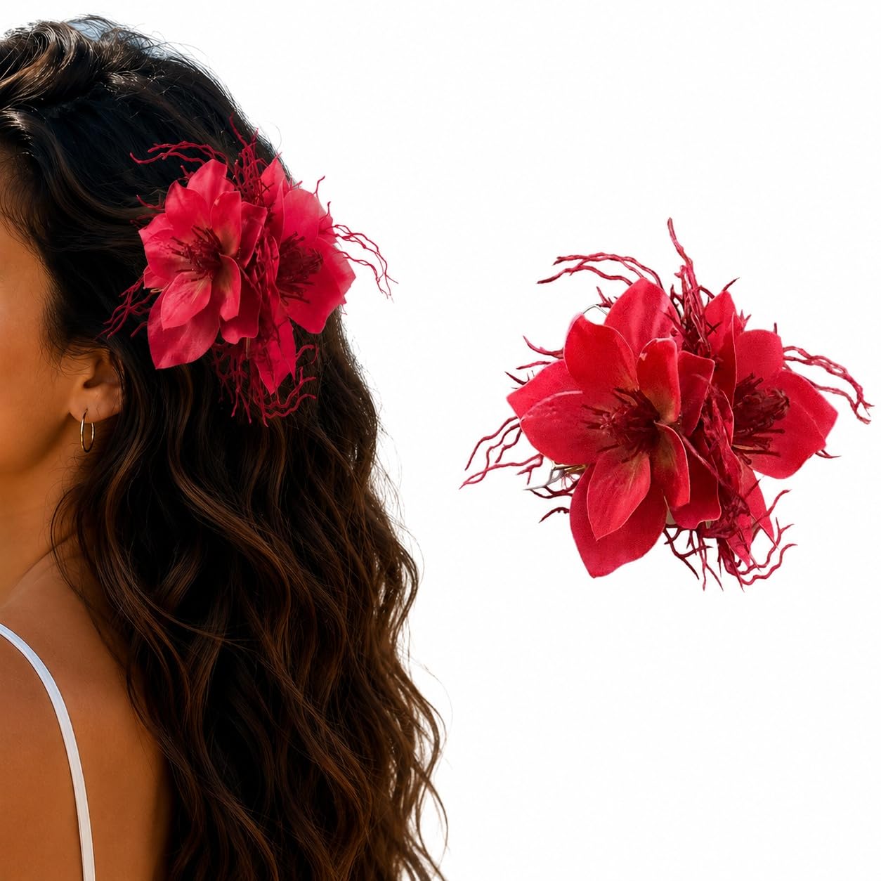 S.A.V.I Red Floral Hair Clip Barrette for Women & Girls | 10 x 7 cm Size, Fabric & Plastic Bloom, Bridal & Party Styling, Beach & Festive, Wedding Accessory