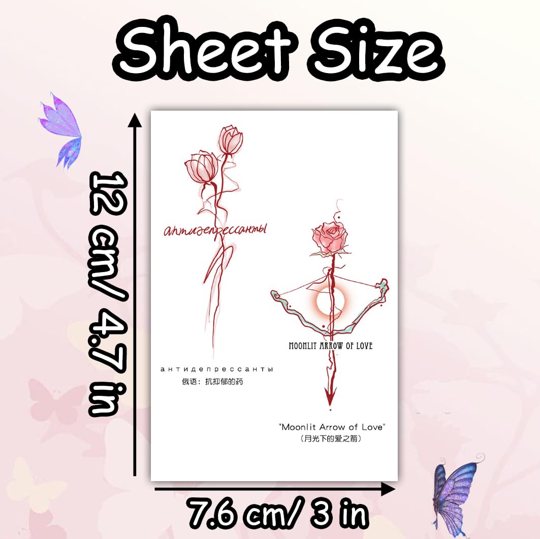 S.A.V.I Red Rose Arrow Fine-Line Temporary Tattoo Sticker, Waterproof Minimalist Floral Body Art Decal for Finger Hand Arm Wrist, Safe Non-Toxic Skin-Friendly, Easy Apply & Remove (1 Pc) (57)