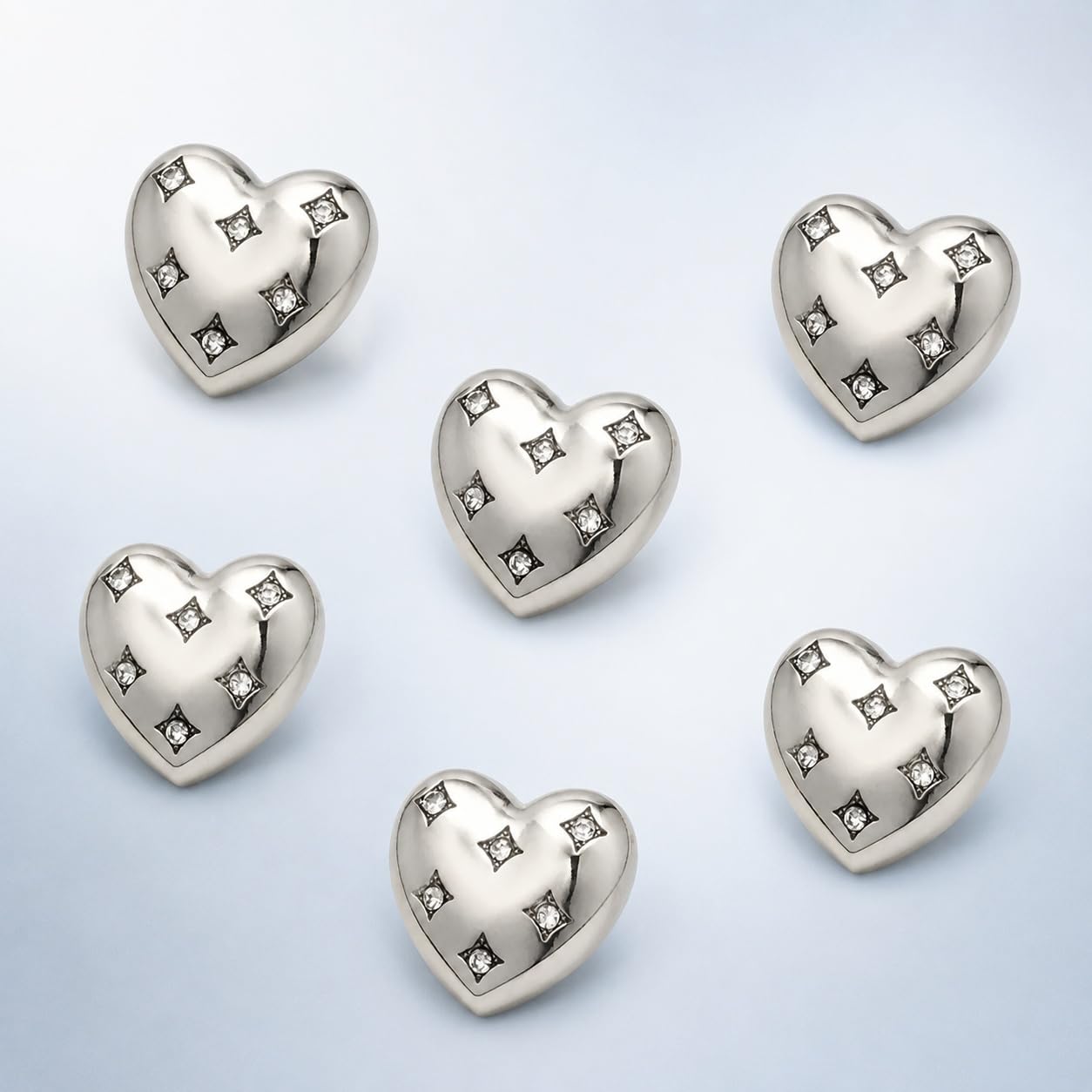 S.A.V.I Heart Shape Shank Buttons Silver Tone 17.5mm Set of 6 | Crystal Studded, for Kurti & Blouse, Decorative Embellishments, Sewing Fasteners, for Women