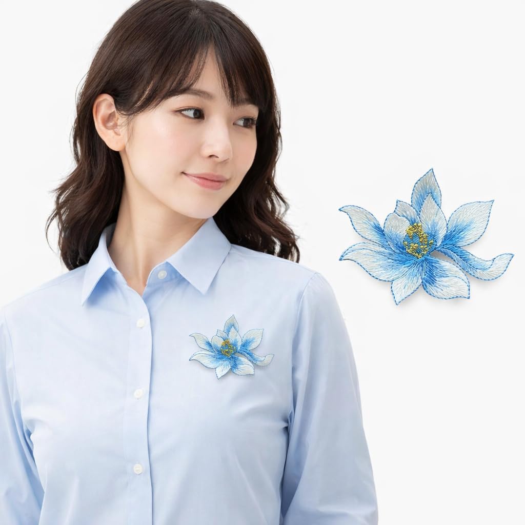 S.A.V.I Blue Lotus Flower Iron-On Embroidered Appliqué Patch 8.7 x 6.9 cm | Fabric Floral Motif for Dresses, Kurtis, Sarees, Blouses & DIY Garment Decoration (Blue)