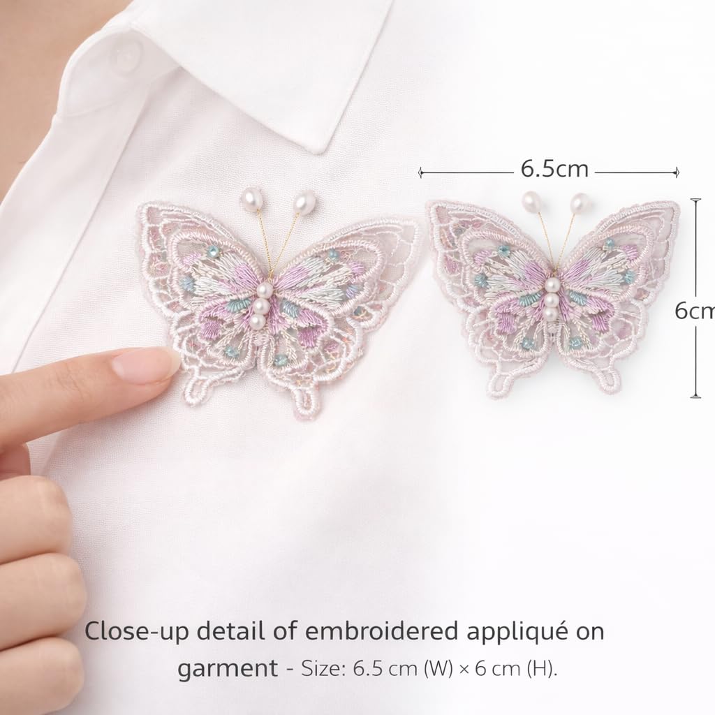 S.A.V.I White & Purple Butterfly Embroidered Sew-On Appliqué Patch Pair 6.5 x 6 cm | Pearl Beaded Lace Fabric Motifs for Dresses, Blouses, Sarees & DIY Craft Decor (Purple)