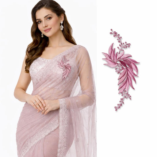 S.A.V.I Pink & Silver Floral Iron-On Embroidered Appliqué Patch 7.5 x 17 cm | Leaf Motif Threadwork Design for Dresses, Sarees, Blouses & DIY Fabric Craft (Right, Pink, 7.5 x 17 cm)