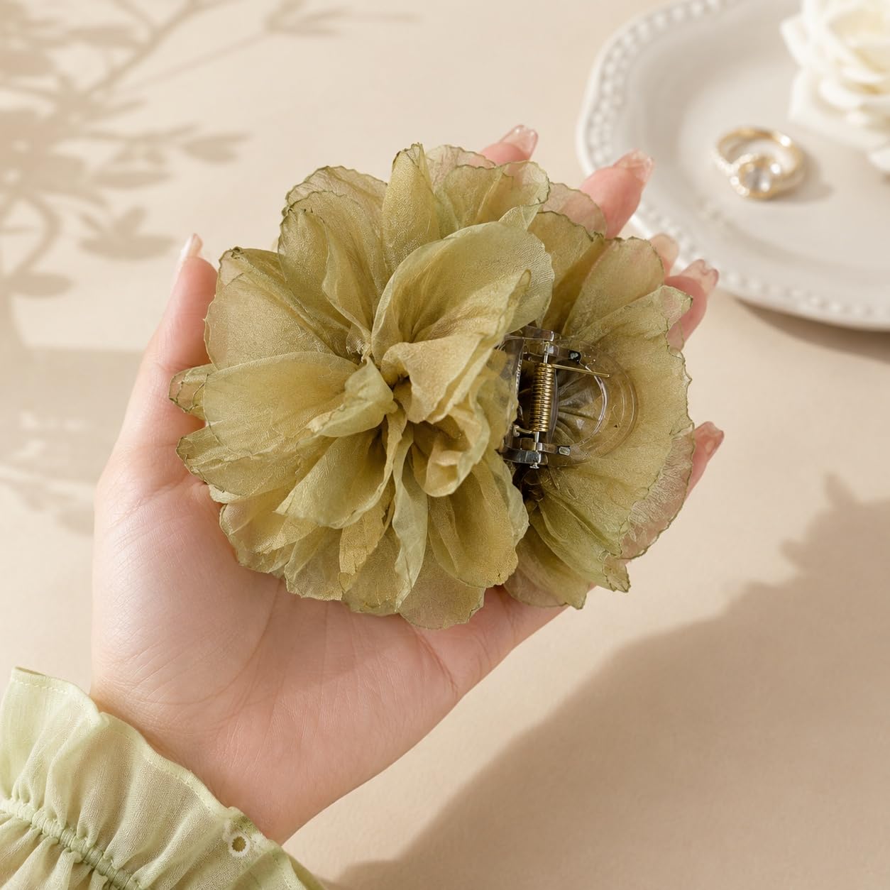 S.A.V.I Floral Hair Claw Clip for Women, Olive Green, 8 cm | Lightweight Mesh, Strong Grip, Everyday Styling, Office & Party Use, Blossom Design