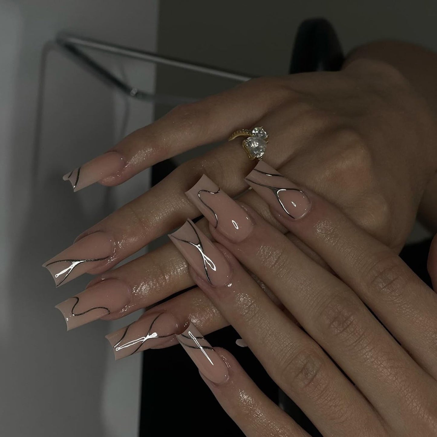 S.A.V.I 24 Pcs Long Square Press On Nails for Women | Glossy Nude Finish with 3D Silver Chrome Wave Design | Reusable Acrylic False Nails Set with Glue & Adhesive Tabs