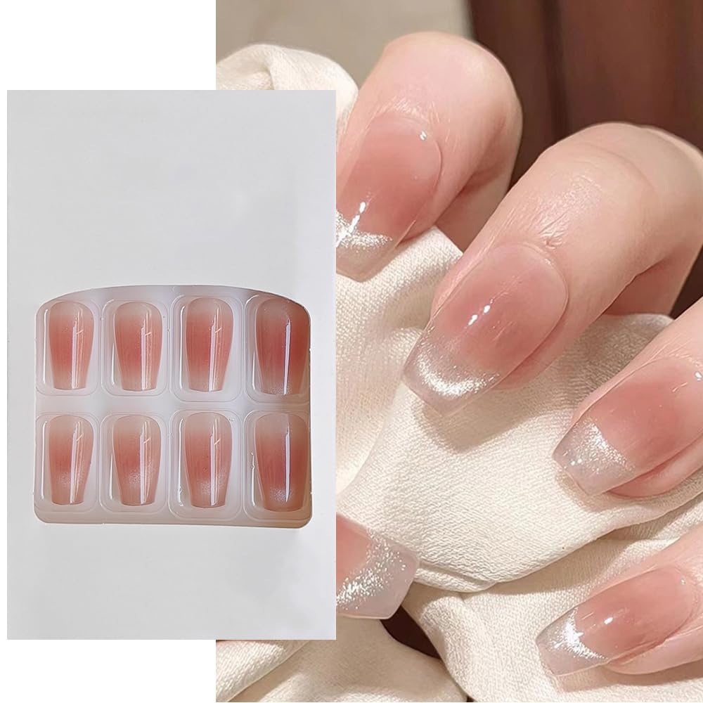 S.A.V.I 24 PCS Nude  Pink Blush Cat's Eye Long Coffin Fake Nails – DIY Manicure Kit, Elegant Press-On False Nails, Natural Look, Comfortable  Durable Nail Extensions for Women