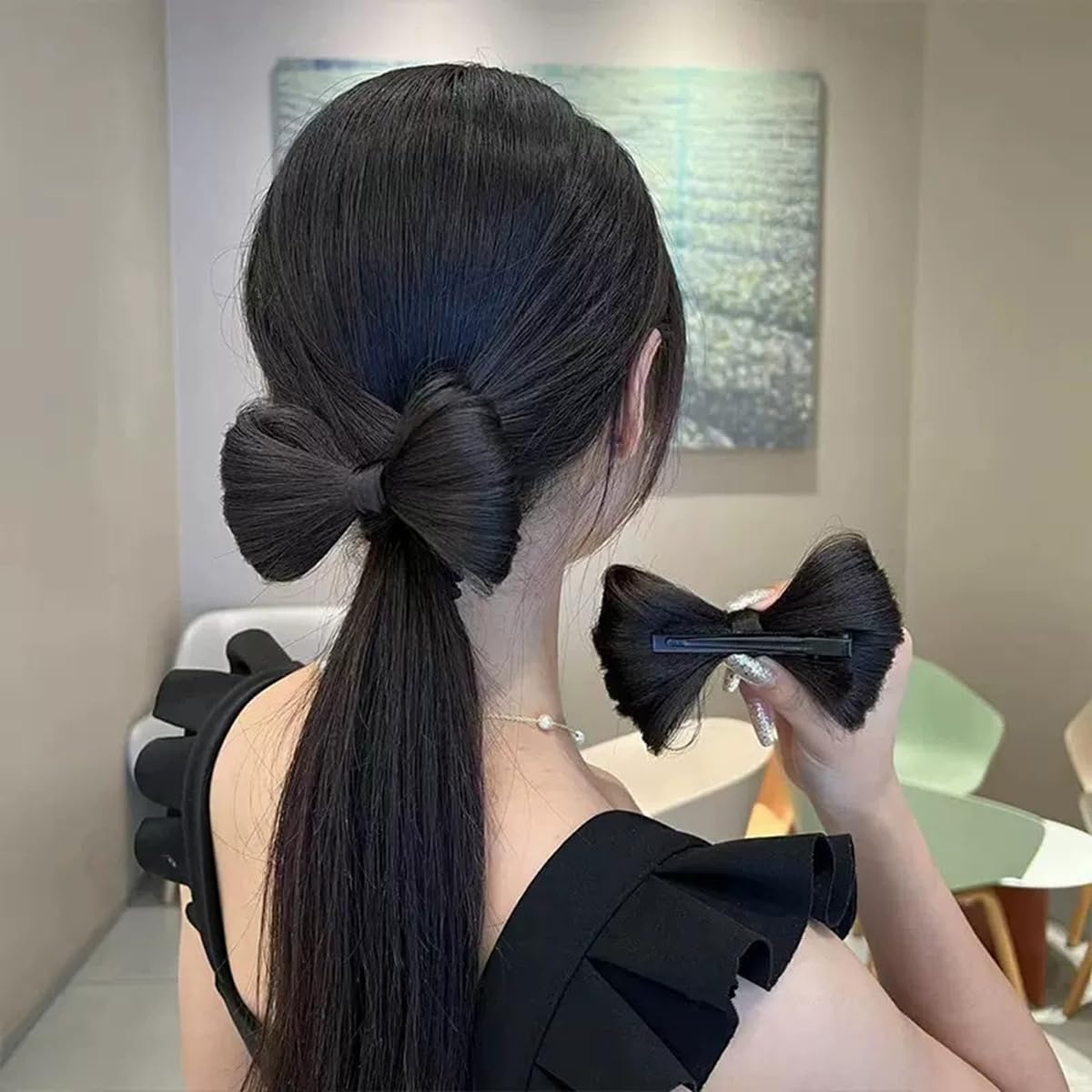 S.A.V.I Natural Black Bow Hair Extension Clip for Women & Girls | Korean Style Synthetic Hair Bow Barrette with Metal Clasp | Elegant Bun & Ponytail Accessory for Party, Wedding & Daily