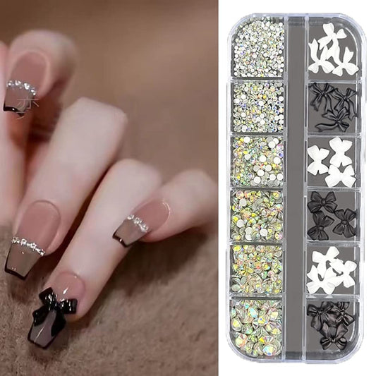 S.A.V.I 12 Grids Box 3D Black  White Bowknot AB Glass Rhinestones for Nail Art