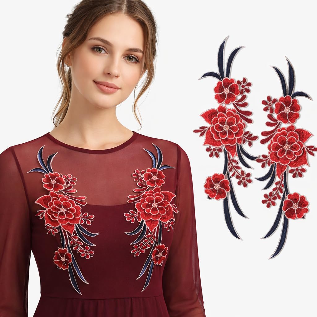 S.A.V.I Pair of Red & Navy Floral Embroidered Sew-On Applique (12.5 x 33.5 cm), Fabric Flower Patch for Women Dresses, Gowns, Kurtis & Blouses (Red)
