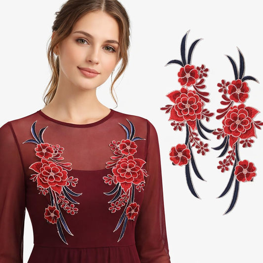 S.A.V.I Pair of Red & Navy Floral Embroidered Sew-On Applique (12.5 x 33.5 cm), Fabric Flower Patch for Women Dresses, Gowns, Kurtis & Blouses (Red)