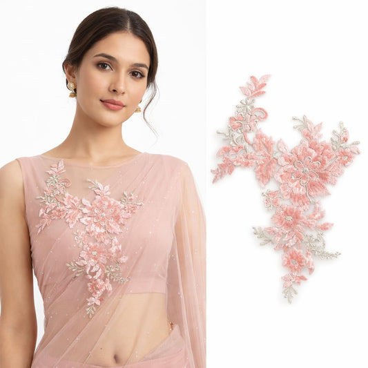 S.A.V.I Pink Floral Applique Patch 25x29 cm, Embroidered Sequins & Thread Net Fabric, Asymmetrical Vine Motif for Bridal, Ethnic & Sewing Crafts, Sew-On (Pink)