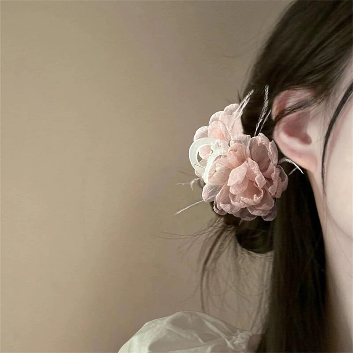 S.A.V.I Baby Pink Floral Hair Claw Clip for Women & Girls, 8 cm Rose Design, Lightweight Net Fabric with Strong Plastic Claw, Korean Style Hair Accessory for Daily, Party & Casual