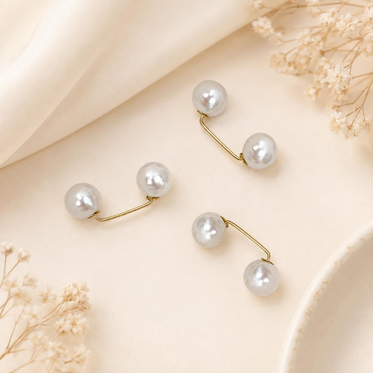 S.A.V.I Pearl Waist Tightener Pins for Jeans, Skirts, Gold Tone, Set of 3 | No-Sew Fit Adjuster, Faux Pearl Clips, for Dresses & Shirts, Women & Girls, Durable Design