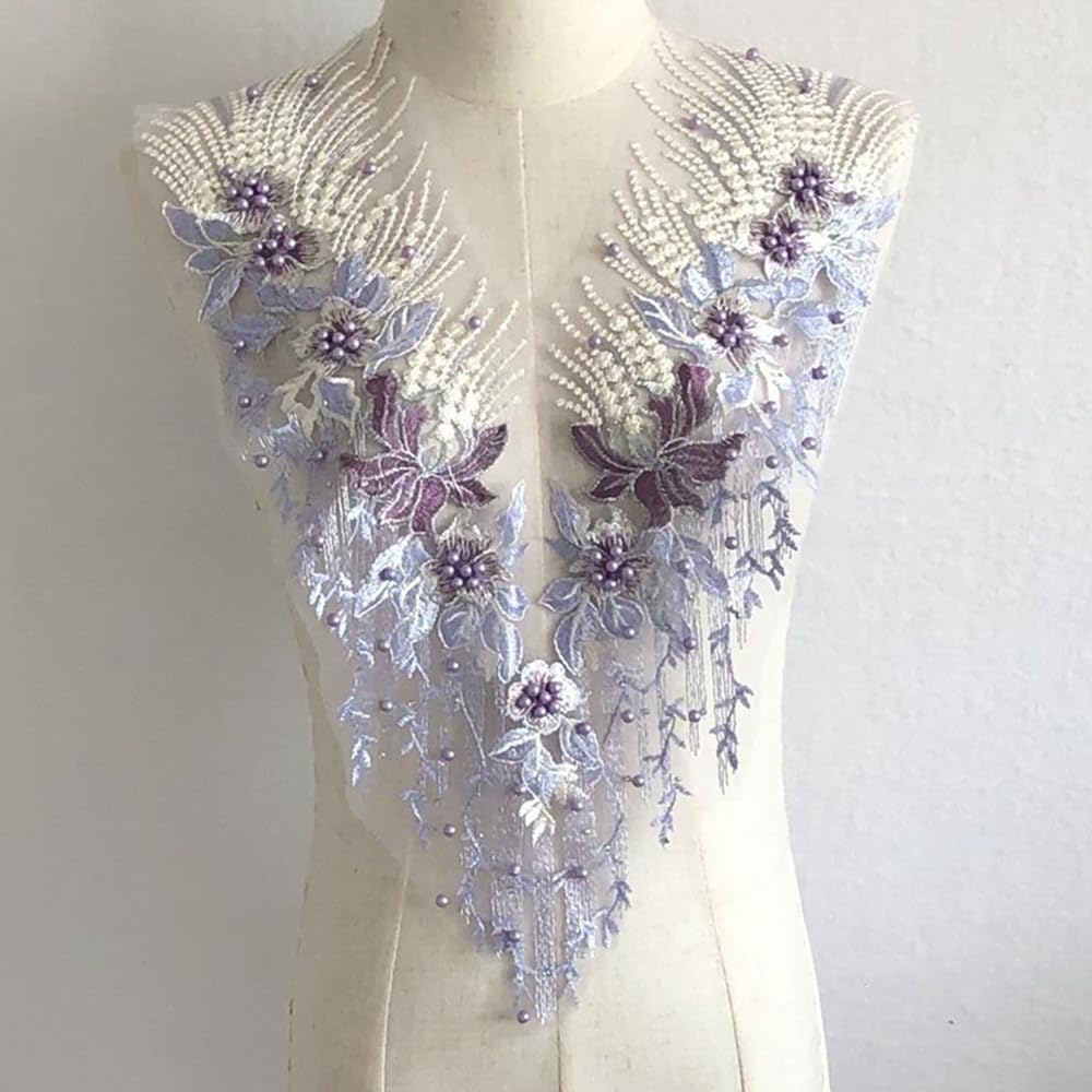 S.A.V.I 3D Embroidered Applique Patch – Purple Lavender  Gold Pearl Mesh Lace – 55x28cm Sew-On Floral Motif for Bridal Wear, Lehenga, Saree, Blouse, Gown, Ethnic Dress  DIY Craft Decoration