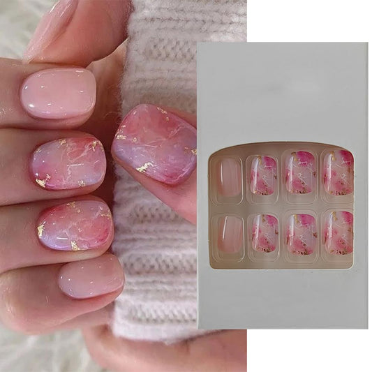 S.A.V.I 24 PCs Short Natural Shape Nude  Pink Marble Design with Glitter Press-On Fake Nails | DIY Manicure | Reusable, Easy Application | For Home Salon