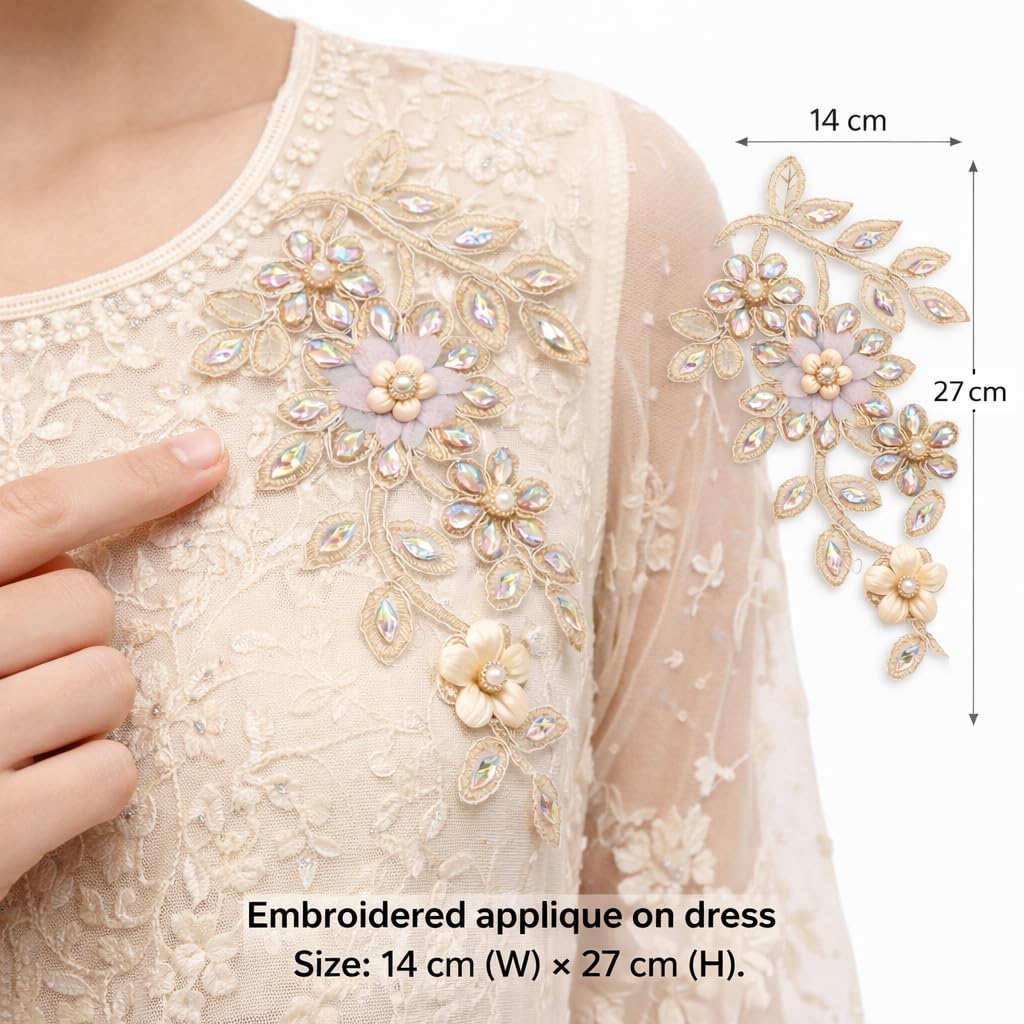 S.A.V.I Champagne Gold Crystal Floral Applique Patch 14 x 27 cm, Hand Embroidered Beaded Leaf Sew-On Design for Sarees, Gowns, Dresses & Kurtis (Left, Gold, OneSize)