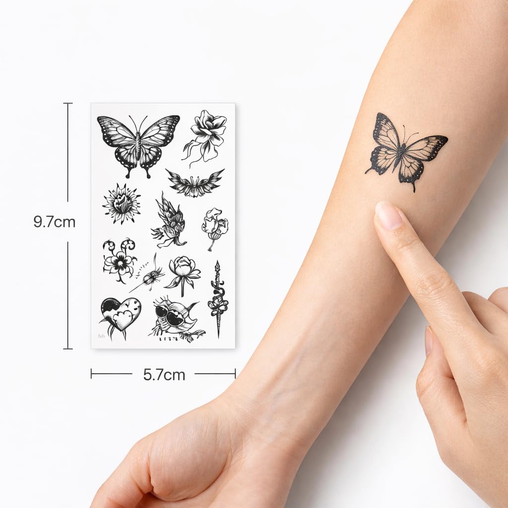 S.A.V.I 30 Sheets Black Temporary Tattoos for Women & Girls | Small Floral Butterfly Skull Designs 9.7x5.7 cm | Waterproof Non-Toxic Long Lasting Fake Body Art for Arms Shoulder Ankle (#316)