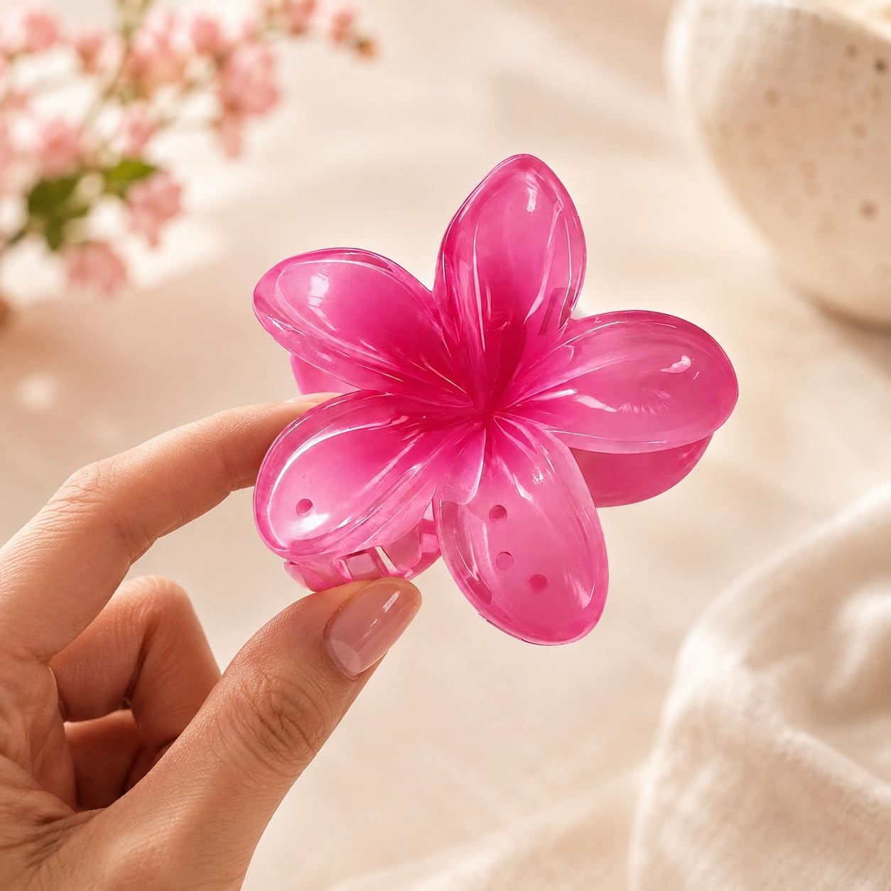 S.A.V.I Pink Floral Hair Claw Clip for Women, Resin, 8 cm | Frangipani Style, Strong Grip, Lightweight, Secure Hold, Casual & Party