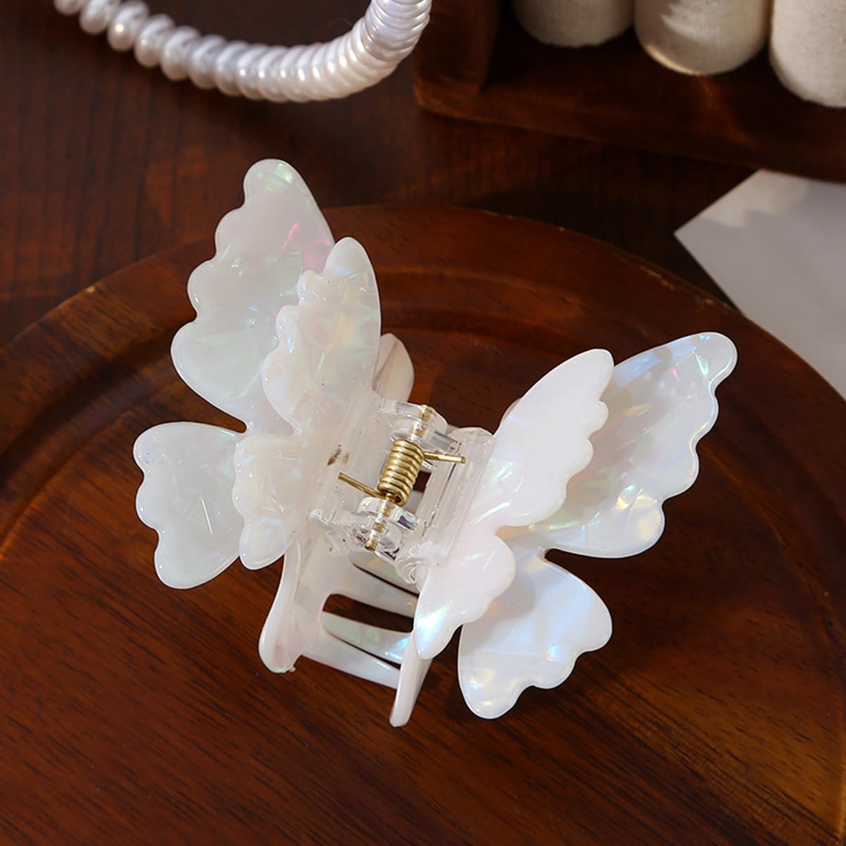 S.A.V.I Butterfly Hair Claw Clip for Women & Girls | 7.5 cm Large Acrylic Hair Clip | Mermaid White Iridescent Finish | Strong Hold Jaw Clip | Stylish Hair Accessory for Daily Use & Styling