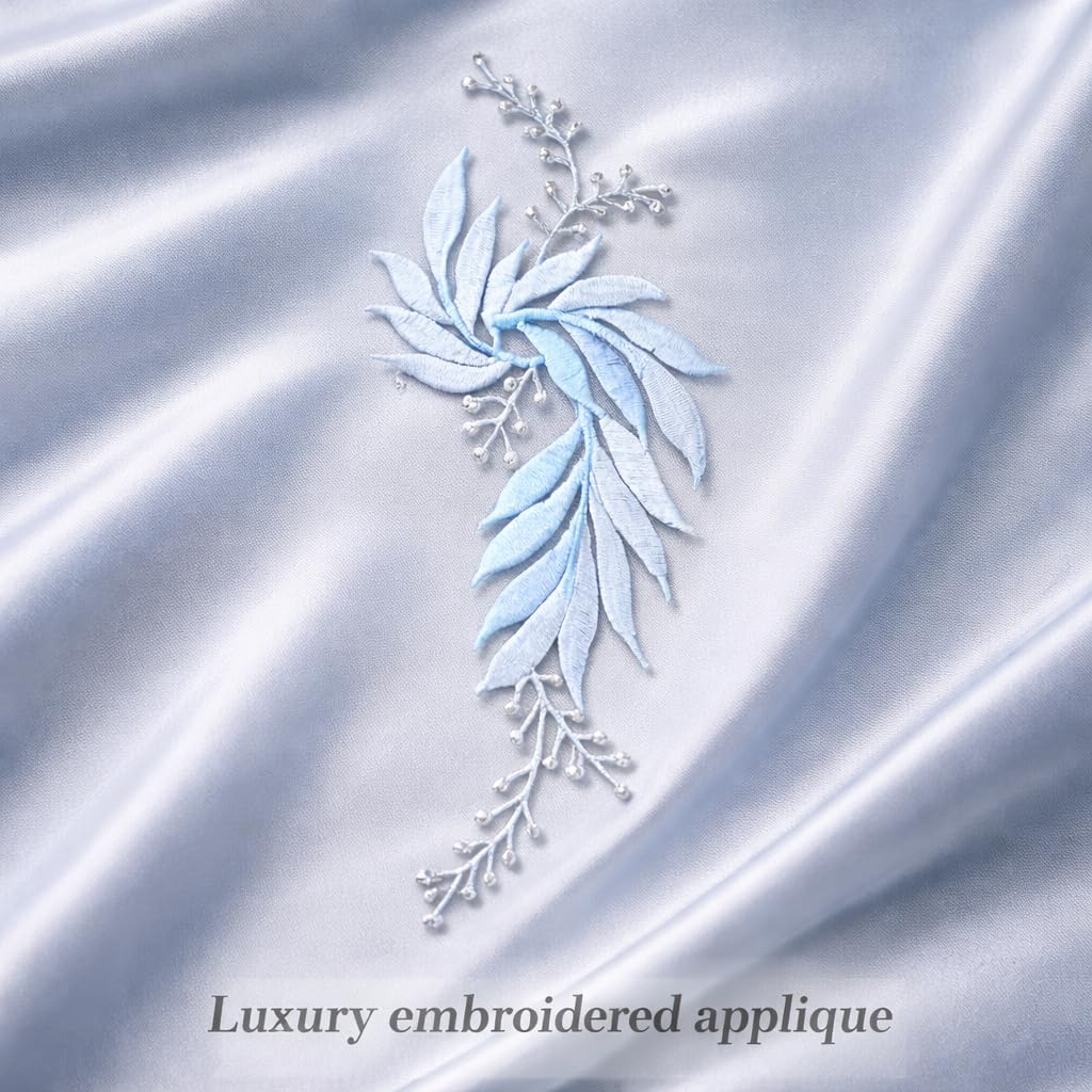 S.A.V.I Blue & Silver Floral Iron-On Embroidered Appliqué Patch 7.5 x 17 cm | Leaf Motif Threadwork Design for Dresses, Sarees, Blouses, DIY Fabric Craft (Right, Blue, 7.5 x 17 cm)