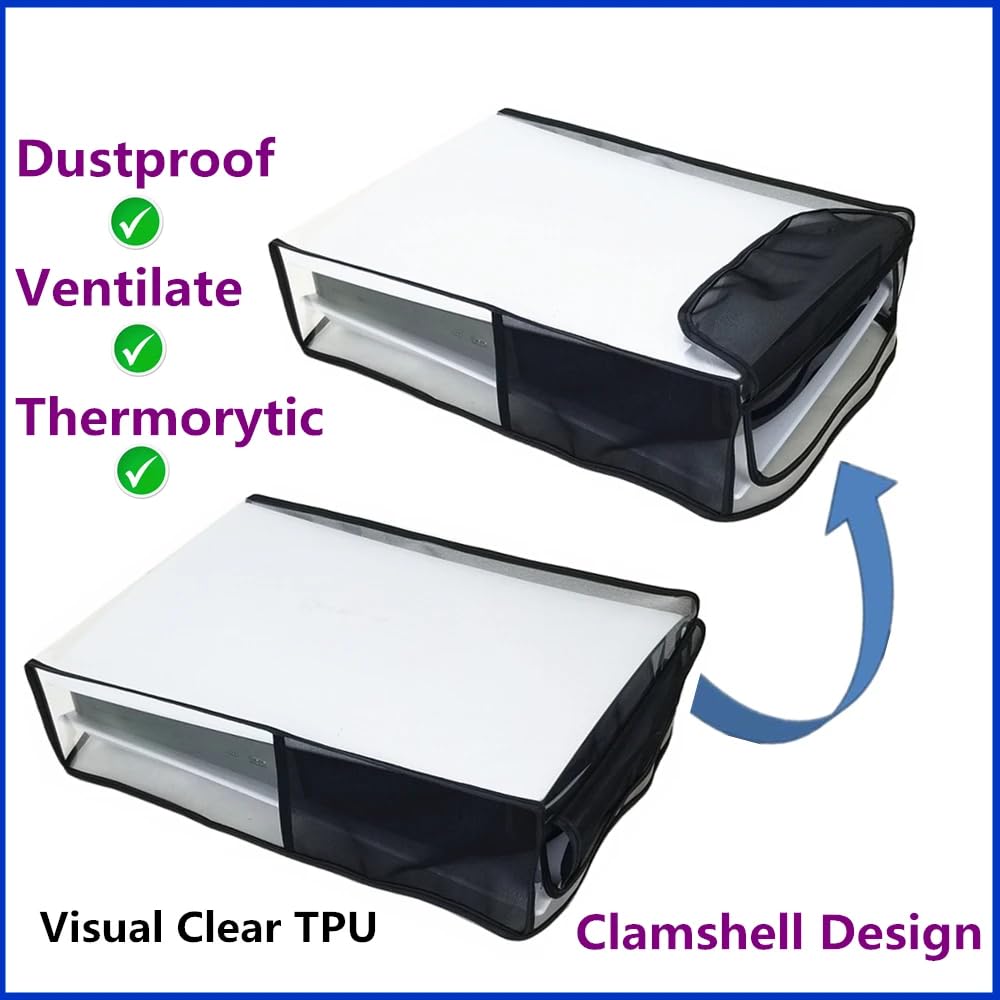 S.A.V.I Dustproof Breathable Cover for PS5 Slim Horizontal Console, Black & Transparent Mesh with TPU Case, Flip-Open Cooling Design, Scratch & Water Resistant Protection (Horizontal)