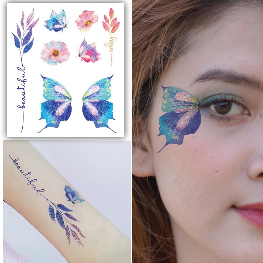 S.A.V.I Glitter Tattoo Sticker for Women - Waterproof Butterflies, Flowers  Hope Text | Eye Face Body Makeup Decor