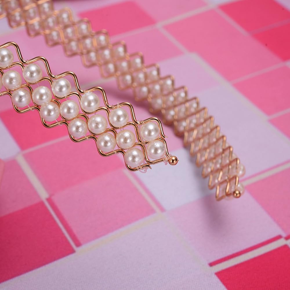 S.A.V.I Gold Plated Pearl Headband for Women & Girls | 14cm Elegant White Faux Pearl Hairband | Stylish Zigzag Metal Design | Party, Wedding, Ethnic Hair Accessory