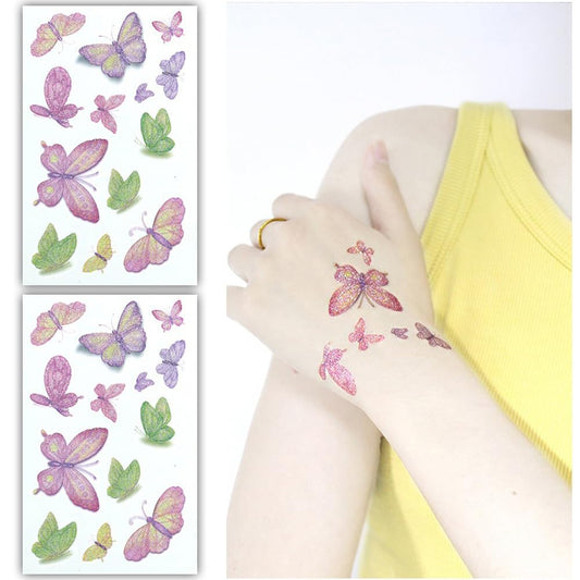 S.A.V.I Glittery Butterfly Temporary Tattoo Sticker Sheets – 2 Multicolor Sparkling Designs in Purple, Pink  Green – 12x7.5 cm – Easy Skin-Safe Tattoos for Kids  Adults – Parties  Festivals