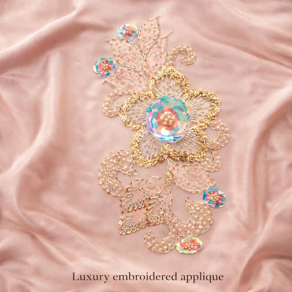S.A.V.I Hand Embroidered Floral Sew-On Applique Patch (30 x 16 cm), Blush Peach & Gold Sequin Beaded Design for Saree, Kurti, Gown, Blouse & Craft Decoration