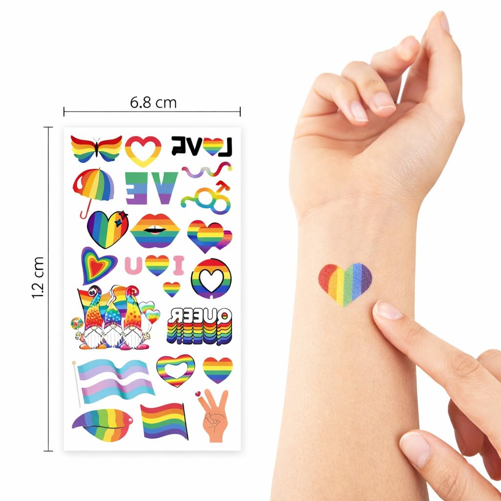 S.A.V.I Pride Rainbow Temporary Tattoos – 10 Sheets Multicolour Heart, Butterfly & Love Designs (6.8 x 12 cm) Safe Non-Toxic Waterproof Body Art for Adults, Party, Festival & LGBTQ Decor (#333)