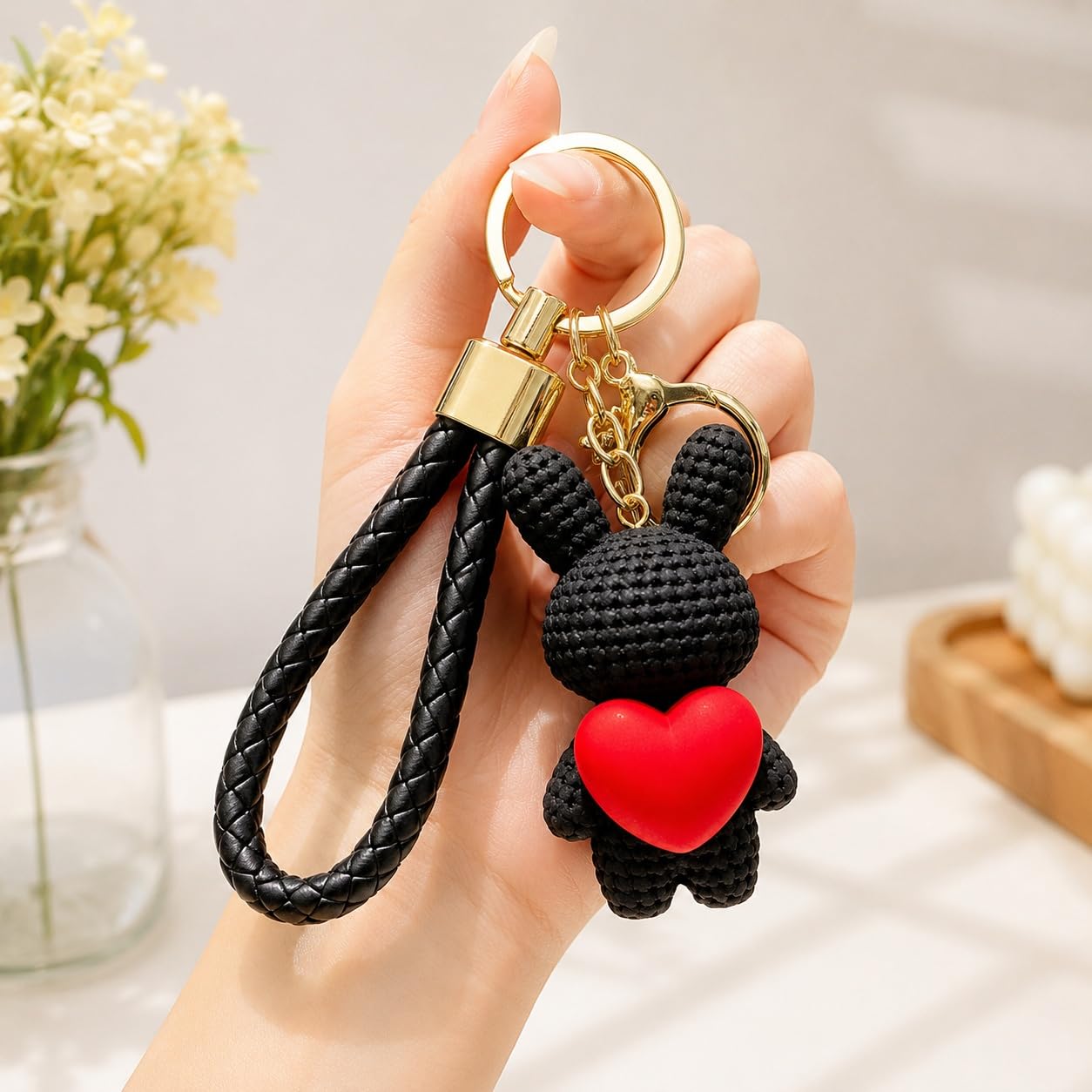 S.A.V.I Resin Bunny Keychain with Braided Wrist Strap, Black-Gold | 7 cm Resin Pendant, for Handbags & Backpacks, for Women & Girls, Bag Charm
