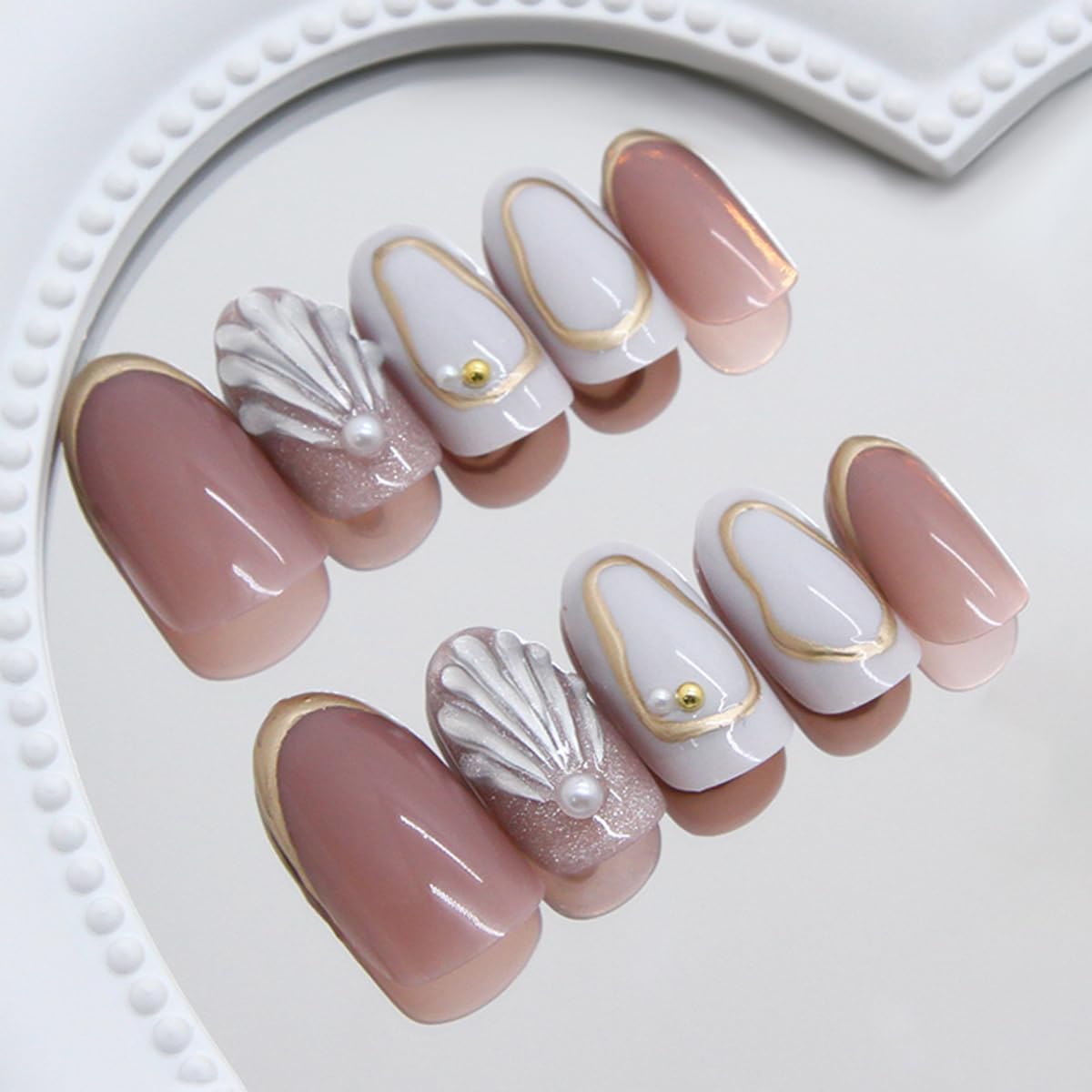 S.A.V.I 24 Pcs Medium Length Round Press-On Nails | Nude Brown & White Glossy Finish | 3D Shell Pearl & Gold Foil Design | Reusable Acrylic Fake Nails with Glue & Adhesive Tabs