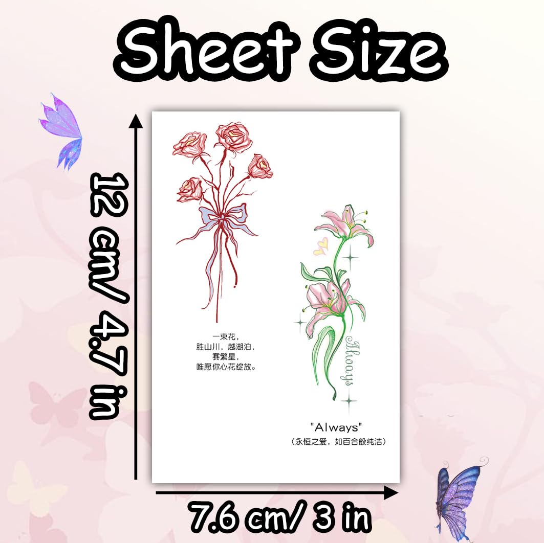 S.A.V.I Temporary Tattoo Sticker Sheet | Floral Rose & Lily 1 Pc, 12 x 7.6 cm | Multi-Colour Waterproof Non-Toxic Removable Body Art for Arm Hand Finger | Long Lasting Skin Friendly Women & Girls (56)