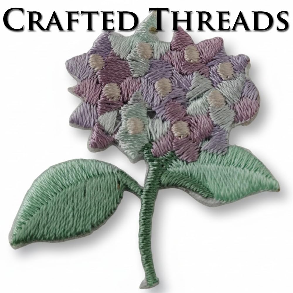 S.A.V.I 2 Pcs Purple & Green Hydrangea Floral Embroidered Iron-On Patches | Thread Fabric Appliqué | 3.8 x 3.5 cm | Decorative Patch for Clothes, Bags & DIY Craft