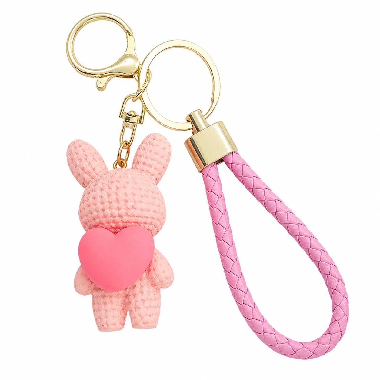 S.A.V.I Resin Bunny Keychain with Wrist Strap, Pink, 7 cm | Heart Pendant, Gold-Tone Ring, Durable PVC Loop, Bag Charm, for Women & Girls