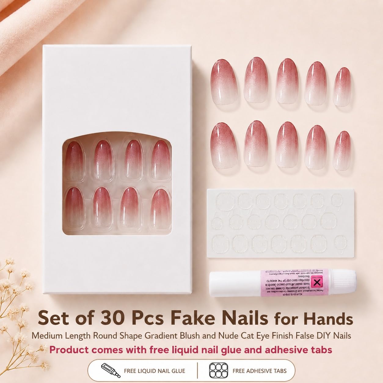 S.A.V.I Press on Nails 30 Pcs Pink Gradient Round Medium | Blush Glossy Nude Finish, Reusable DIY Manicure Set with Glue & Adhesive Tabs Included