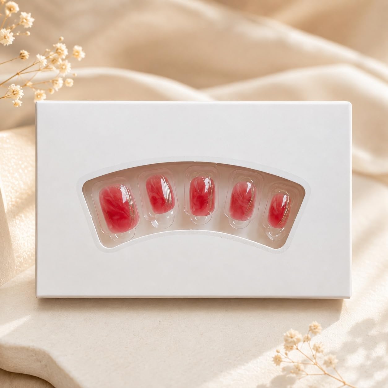 S.A.V.I Press on Nails Coral Red Short Natural Shape, 30 Pcs