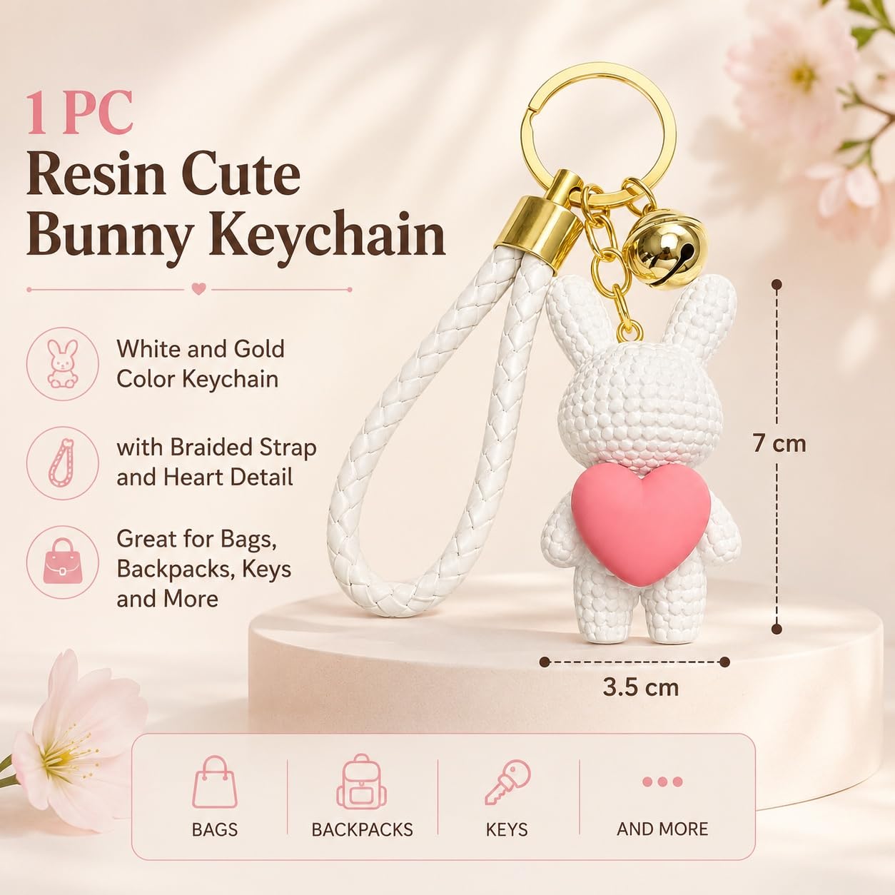 S.A.V.I Resin Rabbit Keychain with Braided Wrist Strap, White Gold | 7 cm Pendant, Pink Heart Accent, Handbag & Backpack Use, for Women & Girls, Braided Wrist Strap
