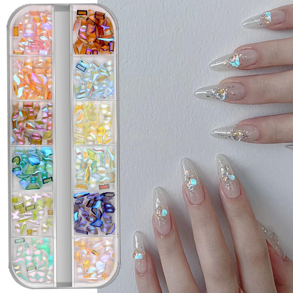 S.A.V.I Aurora 3D Nail Art Rhinestones – 12-Grid Box | Multicolor Resin Crystals | Color-Changing Flatback Charms | Mixed Shapes  Sizes for DIY Nail Decoration, Manicure, Acrylic Nail Styling