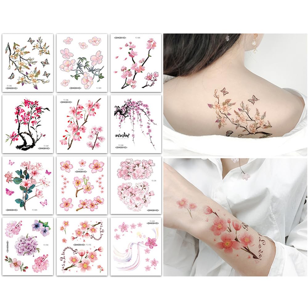 S.A.V.I 12 Pcs Floral Temporary Tattoos for Women & Girls | Safe Non-Toxic Waterproof Body Art Stickers | 10.5x12cm Cherry Blossom Design | Long-Lasting Arm, Neck, Shoulder Tattoo (3)