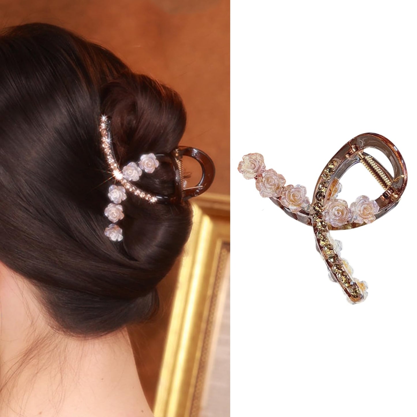 S.A.V.I Beige Resin Flower Hair Claw Clip for Women (8 cm) | Rhinestone Floral Design, Durable Acrylic Curved Clutch, Strong Grip Hair Accessory for Bun, Updo & Daily Styling
