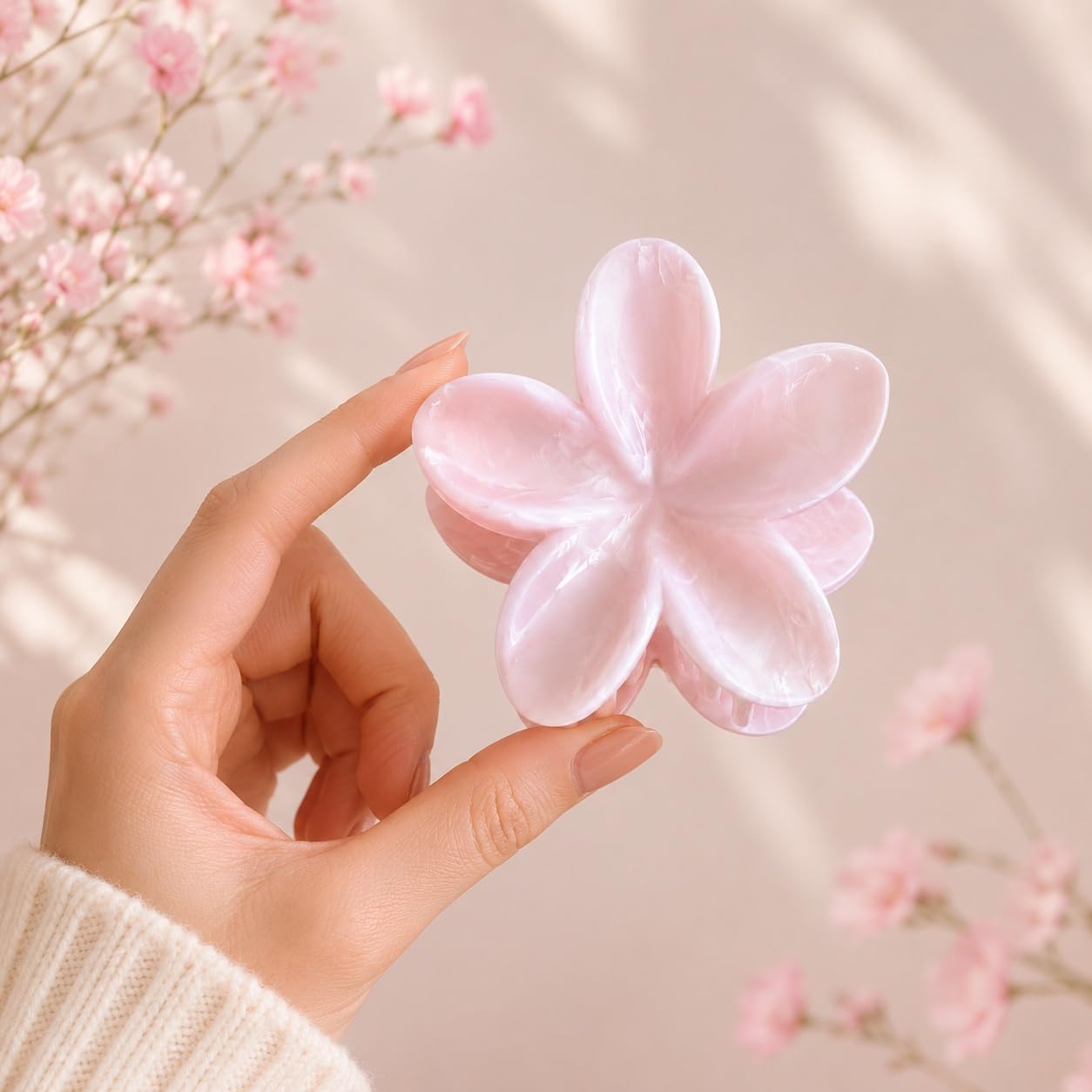 S.A.V.I Floral Hair Claw Clip for Women Baby Pink 8 cm | Frangipani Design, Glossy Acetate Finish, Strong Grip, Thick & Thin Hair, Lightweight
