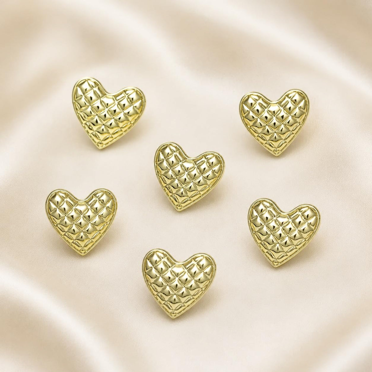 S.A.V.I Golden Heart Shape Sewing Buttons 11mm Pack of 6 | Quilted Shank Fasteners, DIY Crafts, For Blazers & Jackets, Decorative Embellishments