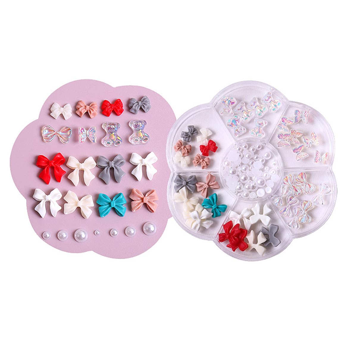 S.A.V.I DIY Nail Art Charms Set with Multicolour Resin Bows, Butterflies, Teddy Bear & Flat-Back Pearls | 7-Section Round Storage Box 8.3 cm | Nail Decoration Kit 38 pcs