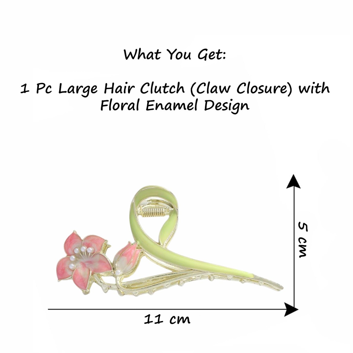 S.A.V.I Floral Hair Claw Clip for Women & Girls, Large 11 cm Strong Grip Clutcher, Green Pink Flower Design, Alloy Resin Hair Accessory for Daily, Party Styling