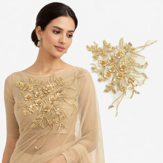 S.A.V.I Handcrafted Gold Floral Embroidered Appliqué Patch 32.1 x 36.1 cm | 3D Zardozi Flower Work on Net Fabric | Designer Sewing Motif for Blouse, Gown, Anarkali