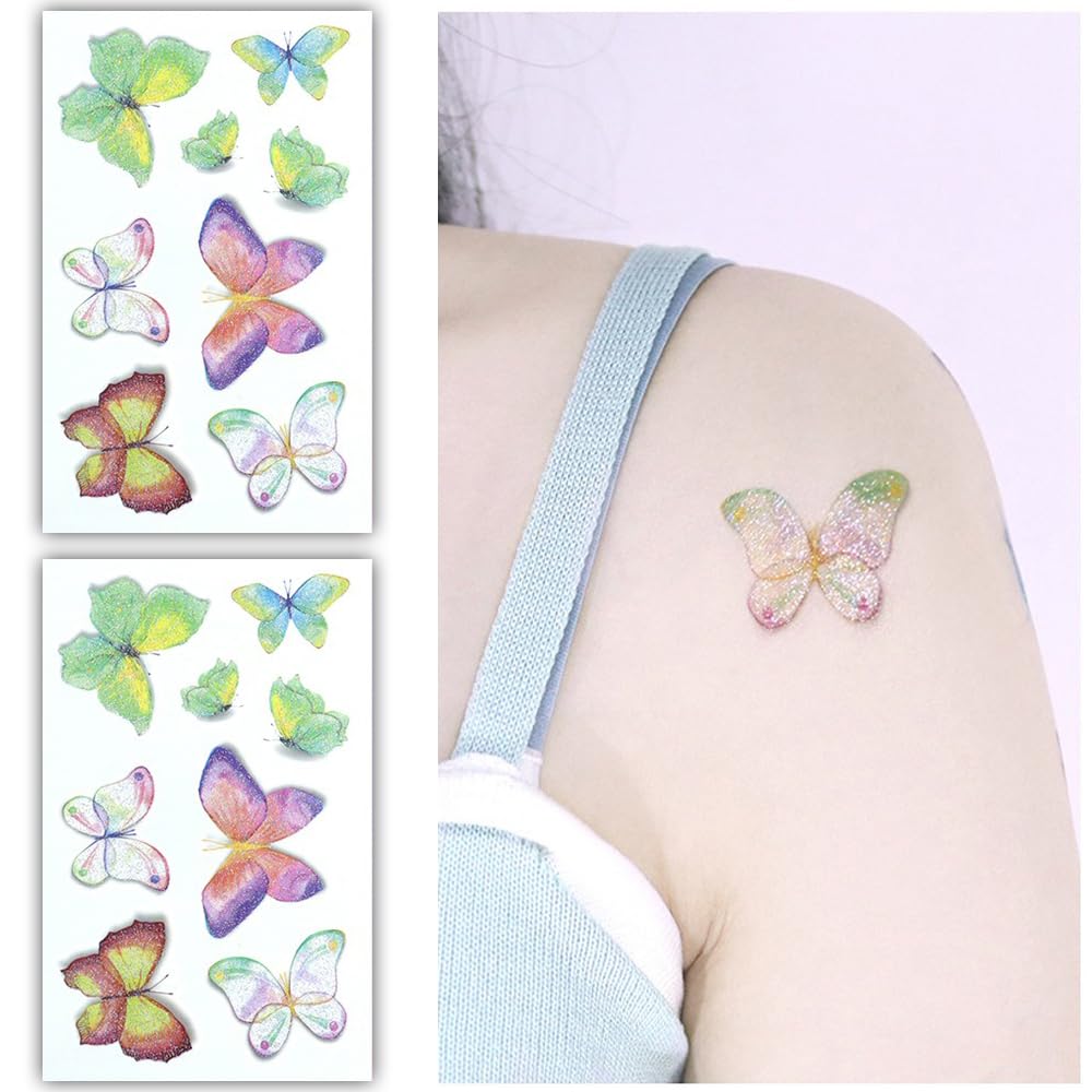 S.A.V.I 2 Sheets Glitter Butterfly Temporary Tattoo Stickers - Multicolor Shimmery Green, Purple, Yellow  Pink Designs - Easy Apply, Long-Lasting Waterproof Body Art for Kids  Adults - Party  Event