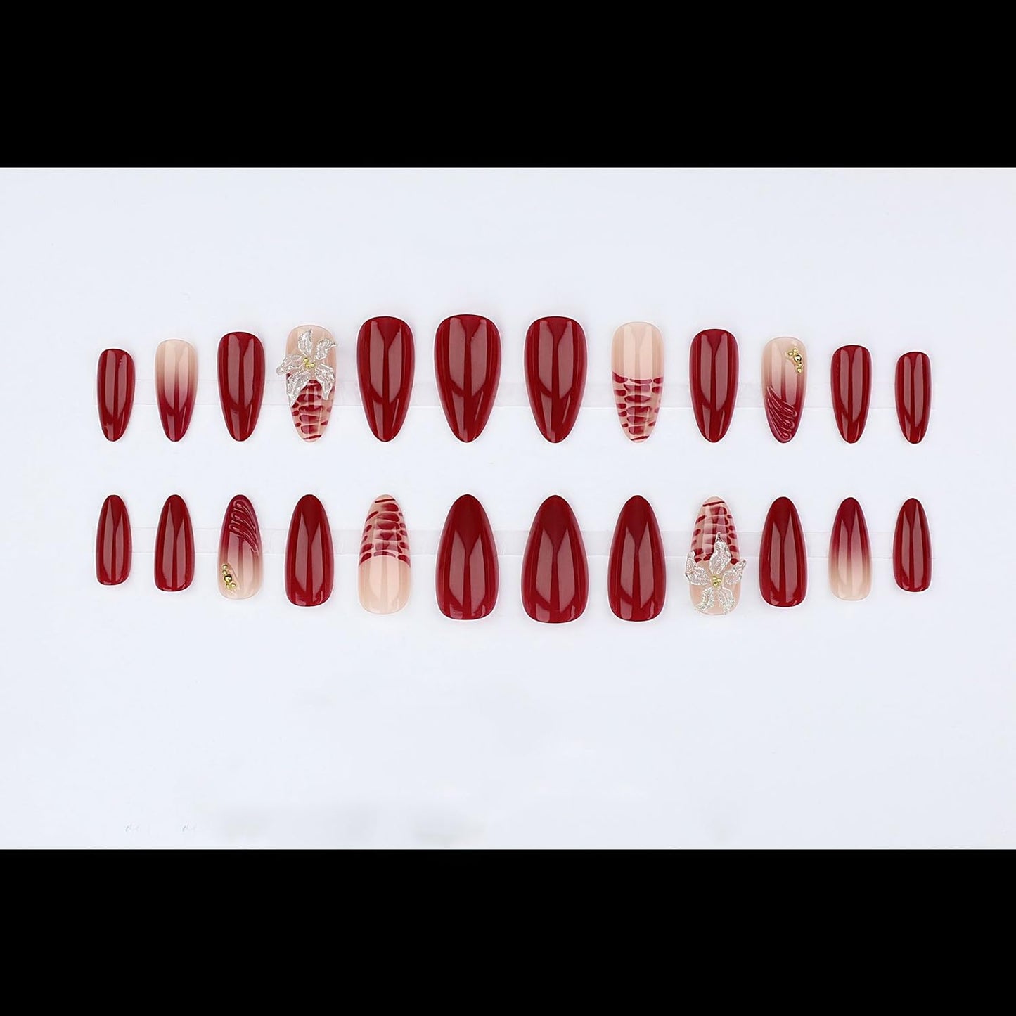 S.A.V.I Press on Nails Long Almond Burgundy 3D Flower 24 Pcs | Gloss Finish, Beads, Glue & Adhesive Tabs, Reusable DIY Full Cover Tips for Parties & Weddings